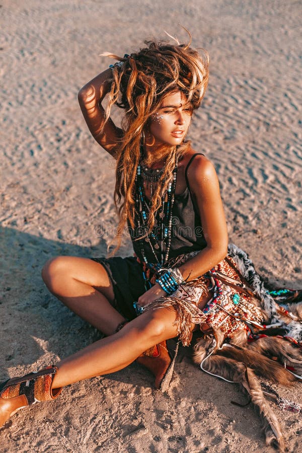 Young Hippie Style Woman on the Beach ...