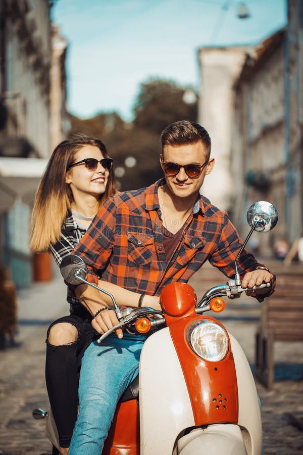 Young Hipster Couple on Motorbike Stock Photo - Image of beautiful ...