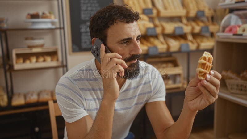 Young hispanic man with a beard talking on the phone and holding a pastry inside a cozy bakery stock photos