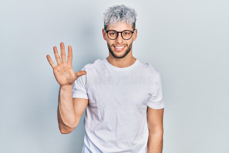 Young Hispanic Man with Modern Dyed Hair Wearing White T Shirt and Glasses  Showing and Pointing Up with Fingers Number Five while Stock Image - Image  of person, five: 218166625