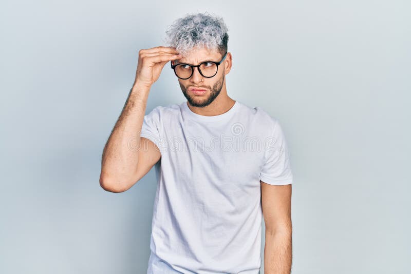 Young Hispanic Man with Modern Dyed Hair Wearing White T Shirt and Glasses Worried and Stressed about a Problem with Hand on Stock Photo - Image of mistake, hispanic: 229513574 Young Hispanic Man with Modern Dyed Hair Wearing White T Shirt and Glasses Worried and Stressed about a Problem with Hand on Stock Photo - Image of mistake, hispanic: 229513574