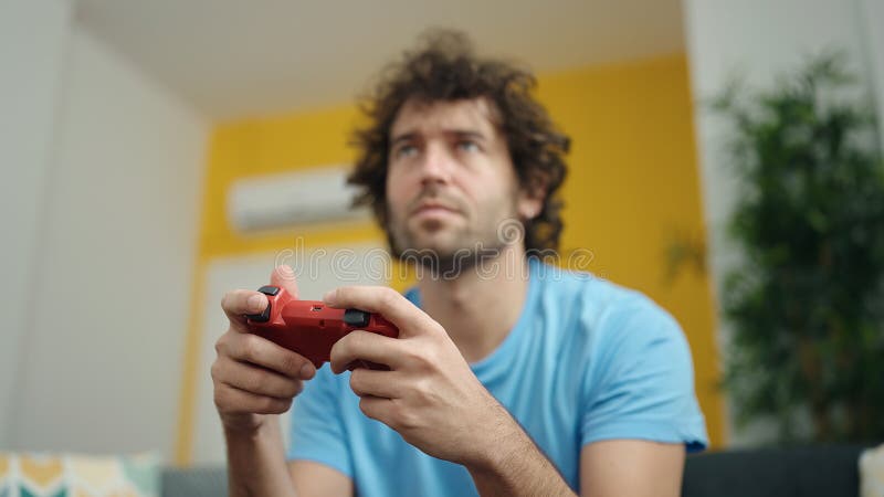 Man plays game seriously. stock image. Image of chat - 86505147