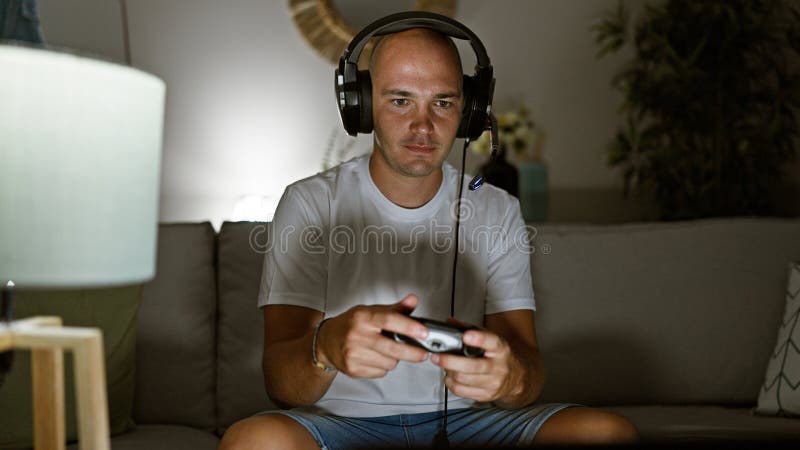 Man plays game seriously. stock image. Image of chat - 86505147