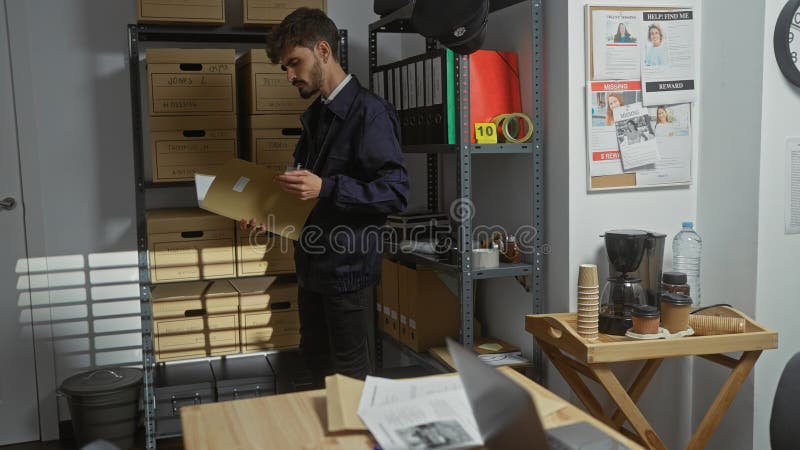Tânăr hispanic om sortare fișiere într-un birou de detectivi aglomerat care prezintă un mediu profesional concentrat stock photo