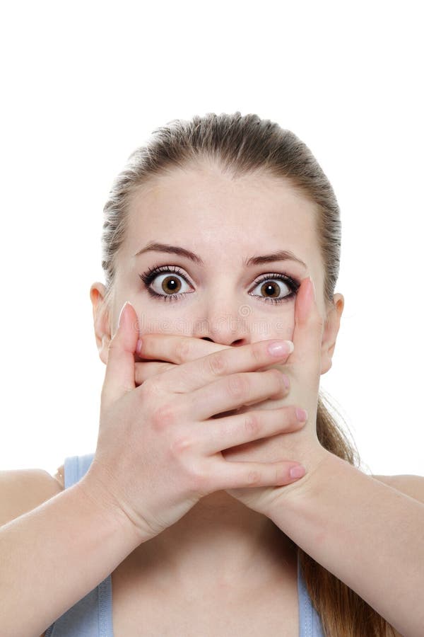 Young Horrified Woman Closing Her Mouth With Hands Royalty Free Stock