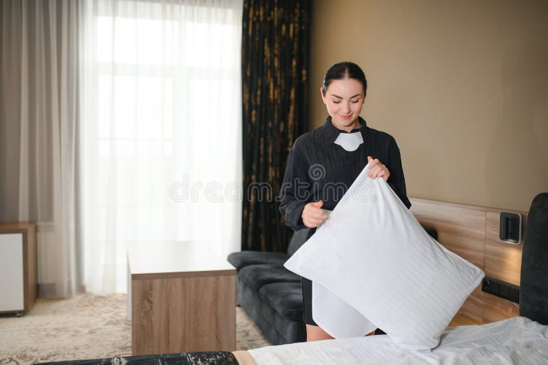 Young Hotel Maid Making the Bed Stock Image - Image of hotel, female