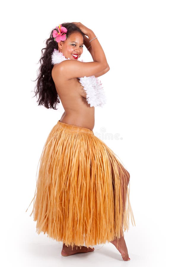 Young hula dancer looking over her shoulder stock images.
