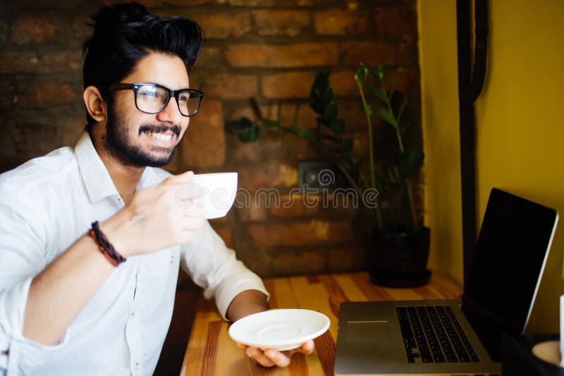 Young Indian Man Having Coffee at Cafe Shop Stock Photo Image of