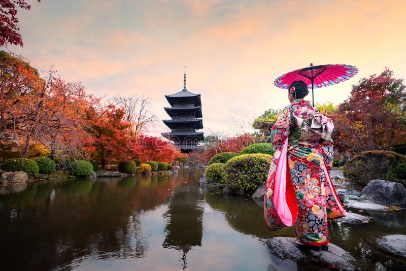 Young Japanese girl traveller in traditional kimino dress standing in Toji temple with wooden pagoda and red maple leaf in autumn stock photos