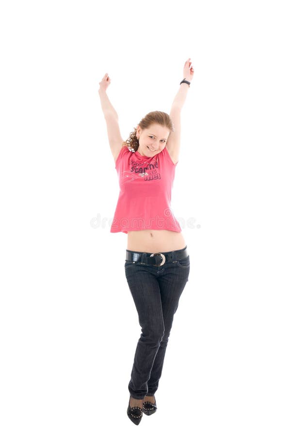 The young jumping girl isolated on a white