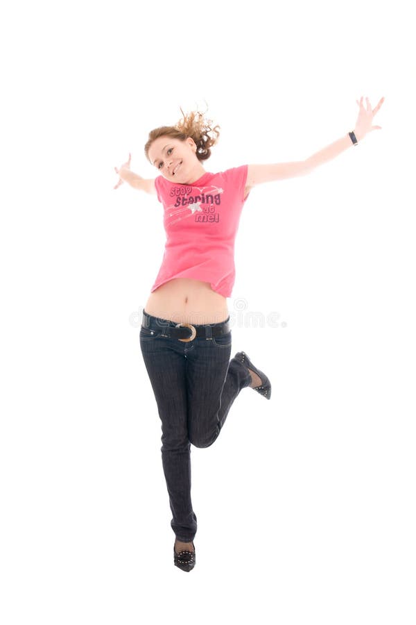 The young jumping girl isolated on a white