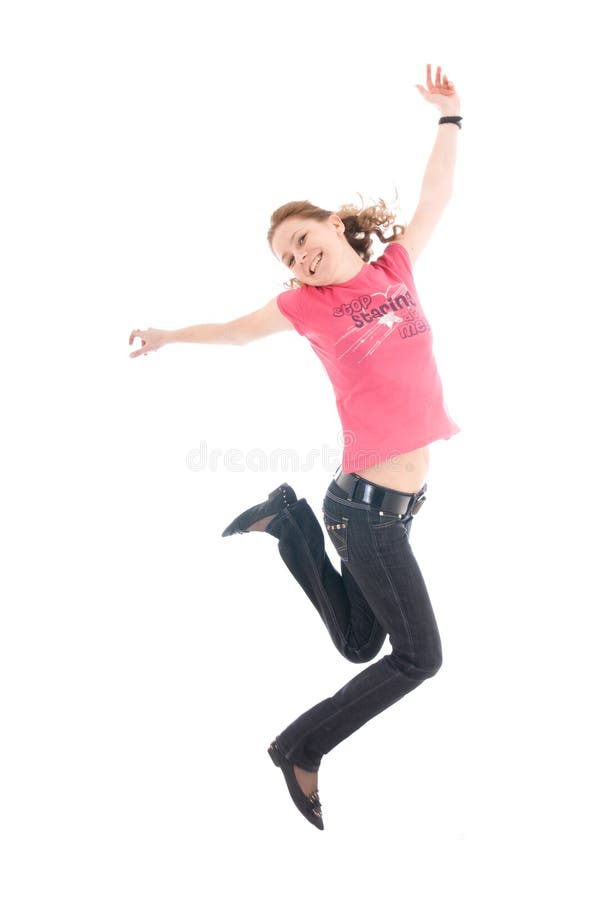 The young jumping girl isolated on a white