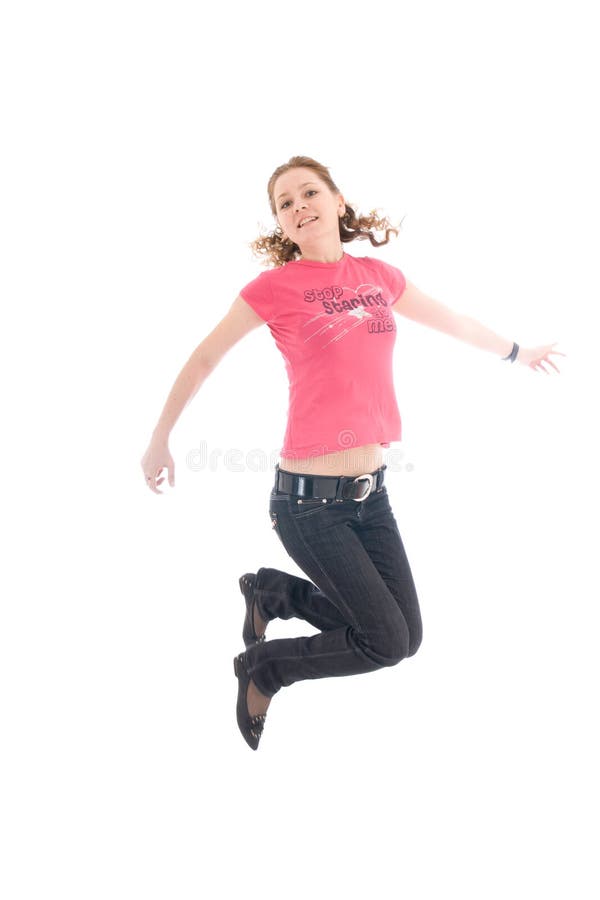 The young jumping girl isolated on a white