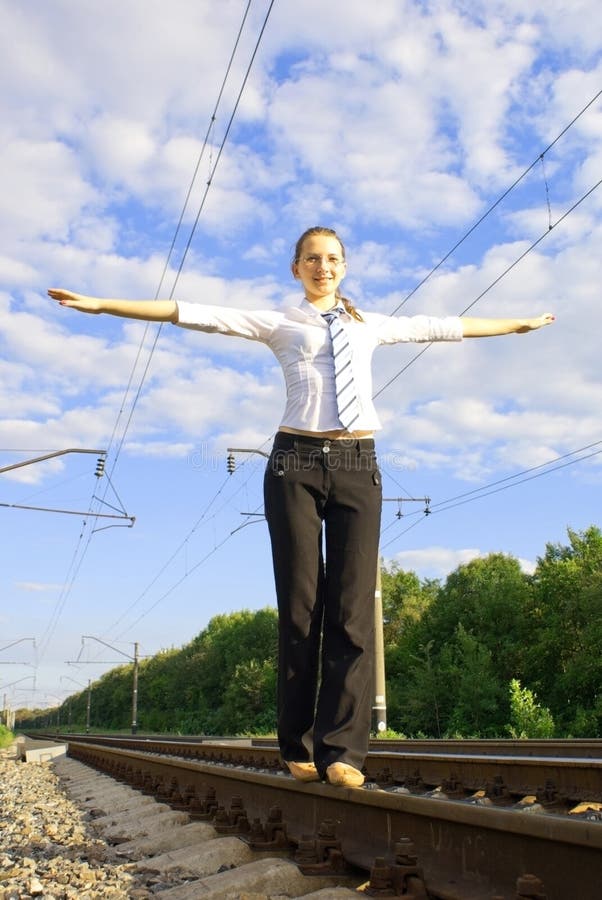 Beautiful Woman Walking On Railroad Track Stock Photo 