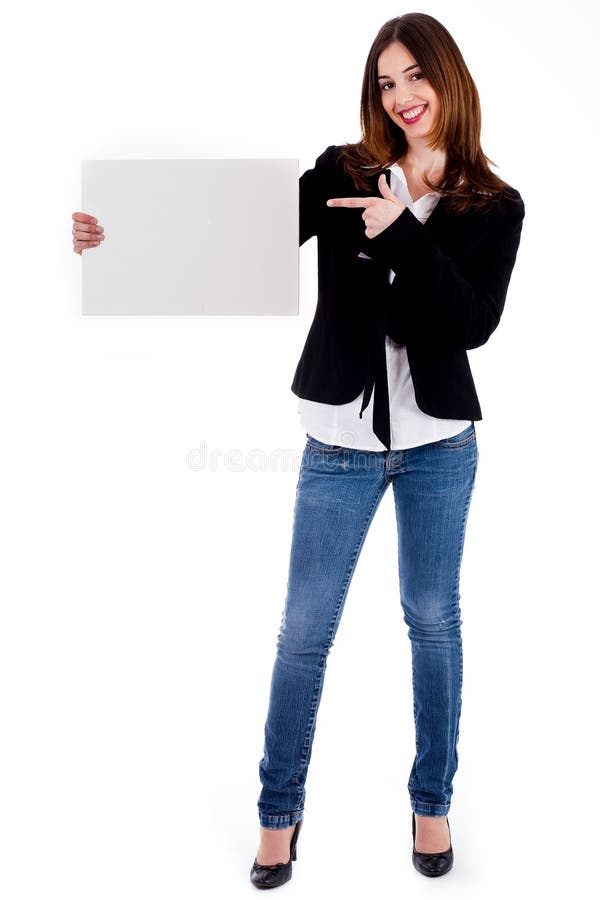 Young lady pointing at blank board