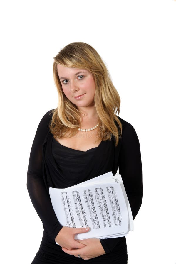 Young lady with scores on white background