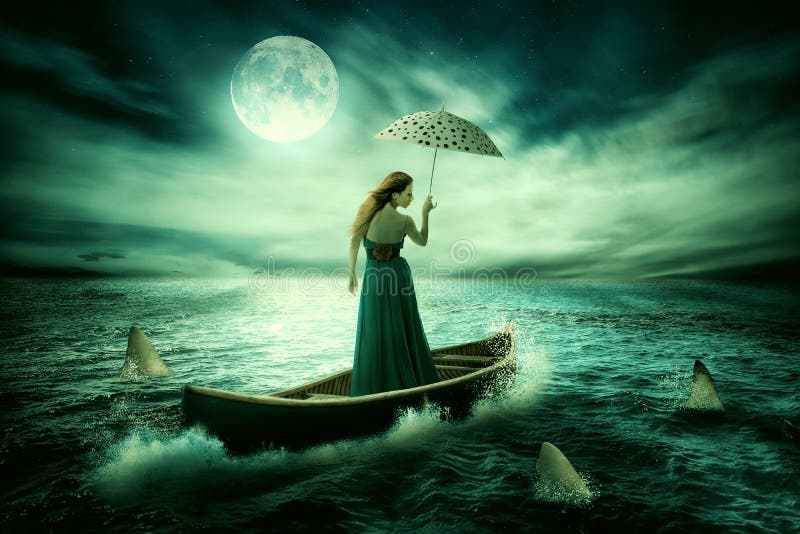 Young lonely woman with umbrella drifting on boat after storm surrounded by sharks royalty free stock images Young lonely woman with umbrella drifting on boat after storm surrounded by sharks royalty free stock images