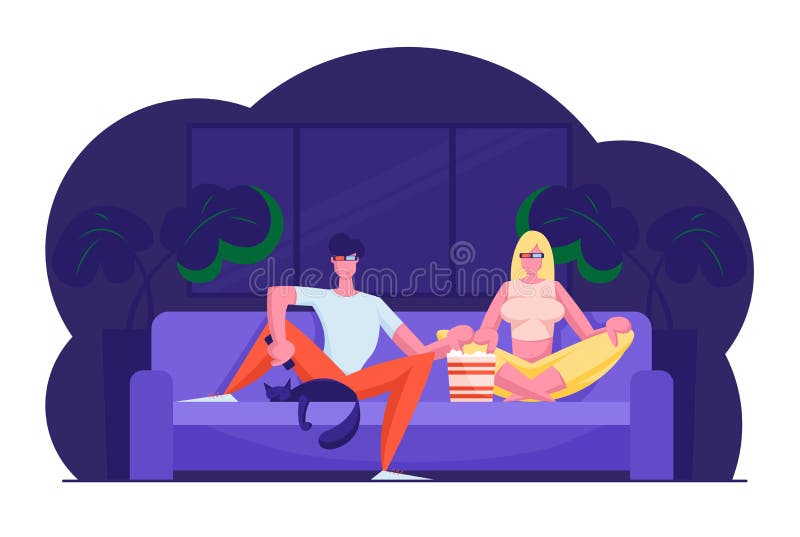 Young Loving Couple Watch Movie at Home met Popcorn, Man and Woman Characters die 3d-bril hebben op Couch stock illustratie Young Loving Couple Watch Movie at Home met Popcorn, Man and Woman Characters die 3d-bril hebben op Couch stock illustratie