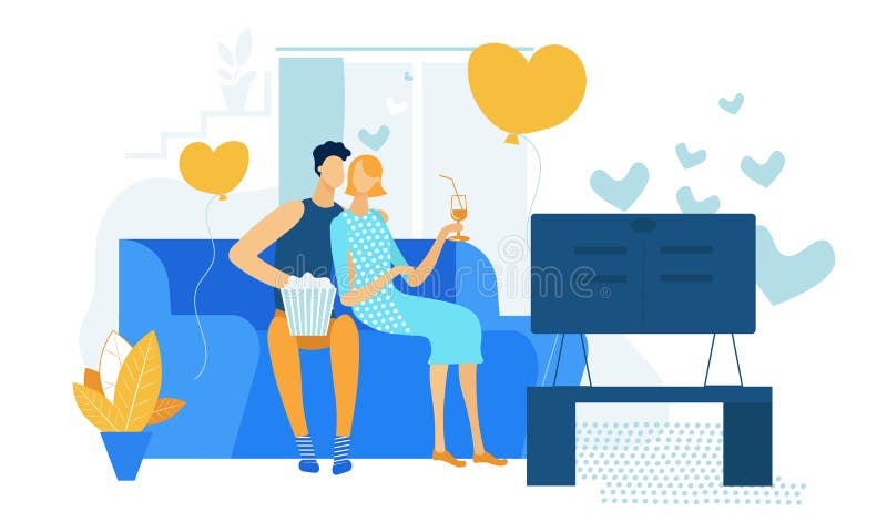 Young Loving Couple Watching TV with Popcorn, Love stock illustration Young Loving Couple Watching TV with Popcorn, Love stock illustration