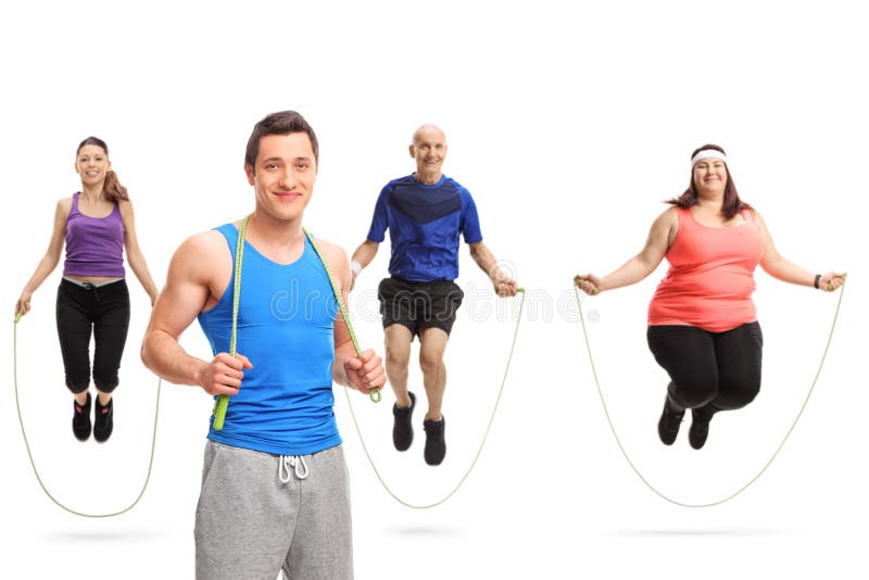 Young male athlete posing with a skipping rope and a group of people jumping with a skipping rope