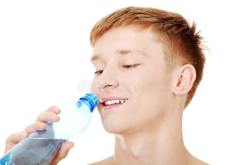 Young male drinking water , isolated on white background