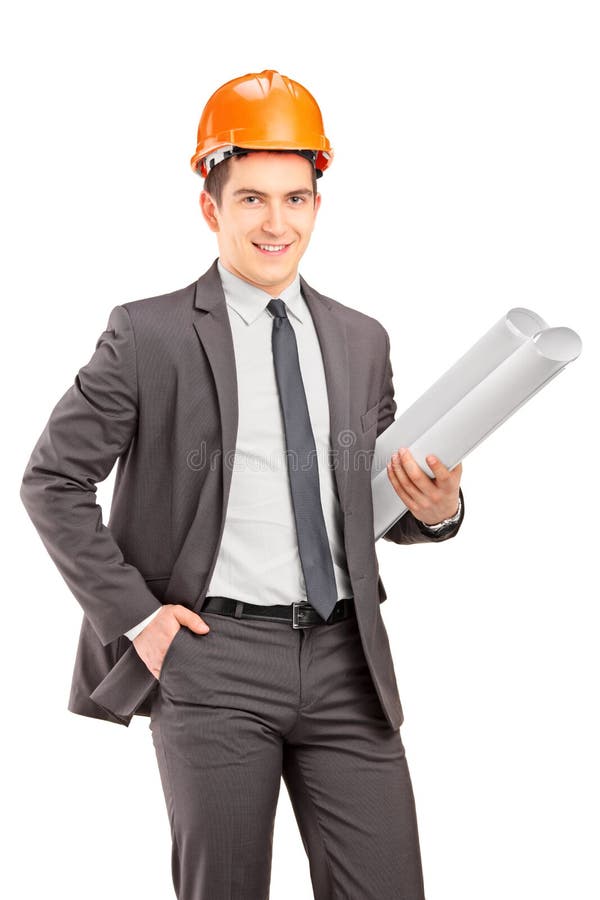 Young Male Engineer With Helmet Holding Blueprints Royalty Free Stock