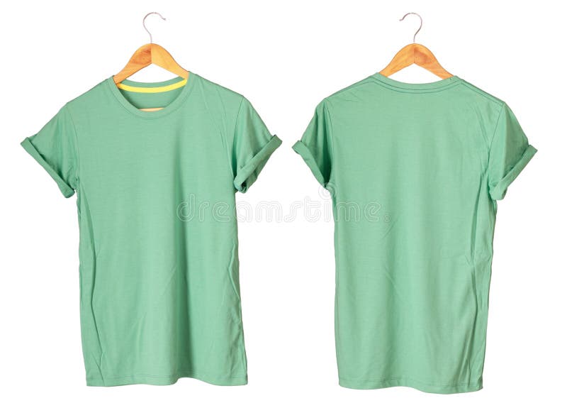 Young male in green t-shirt Roll up sleeves template tranparent background tee wooden hanger on empty background for man design mockup concept man tshirt product, woman shirt wearing