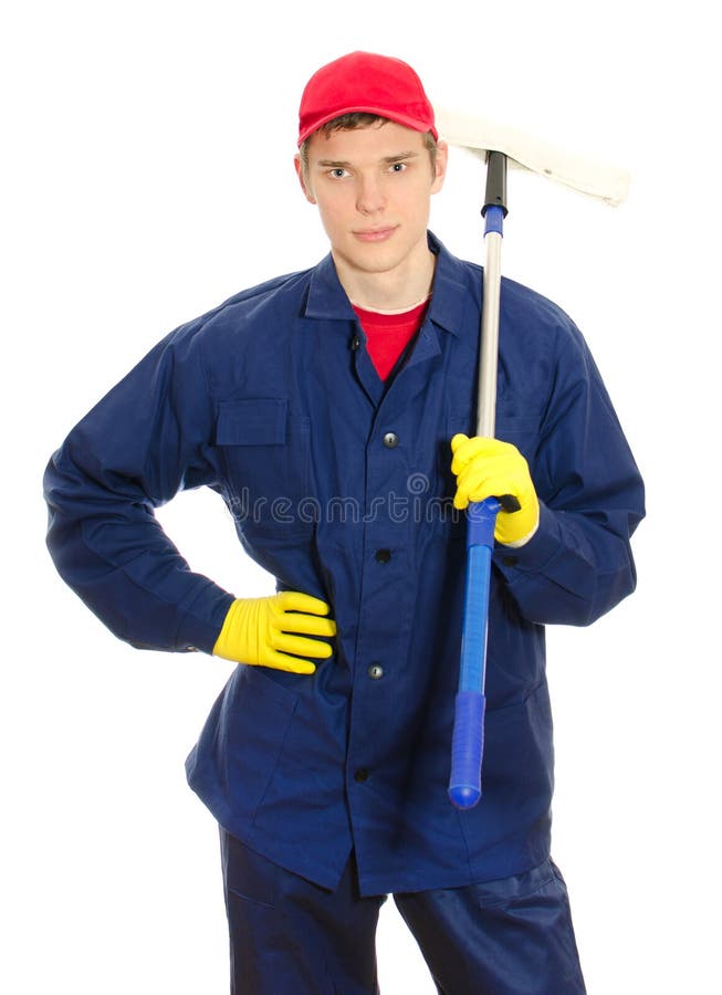 Young male window cleaner stock image. Image of gloves 29235081