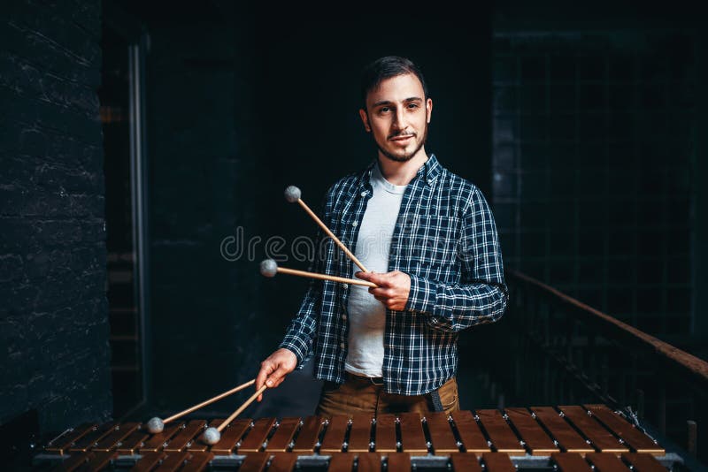 Young male xylophone player with sticks in hands, wooden sounds. Musical percussion instrument, vibraphone