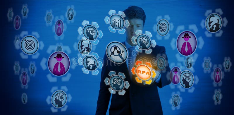 Young Man Activating Robotic Process Automation stock photo