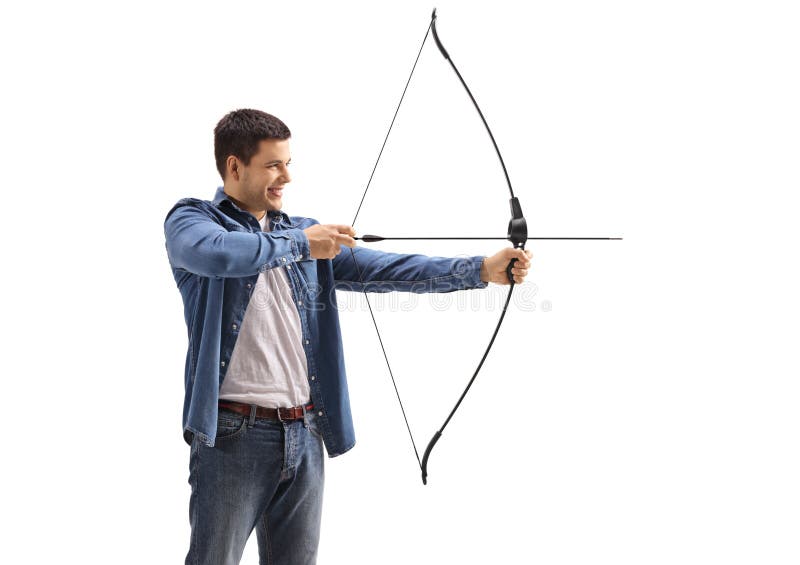 Young man aiming with a bow and arrow isolated on white background