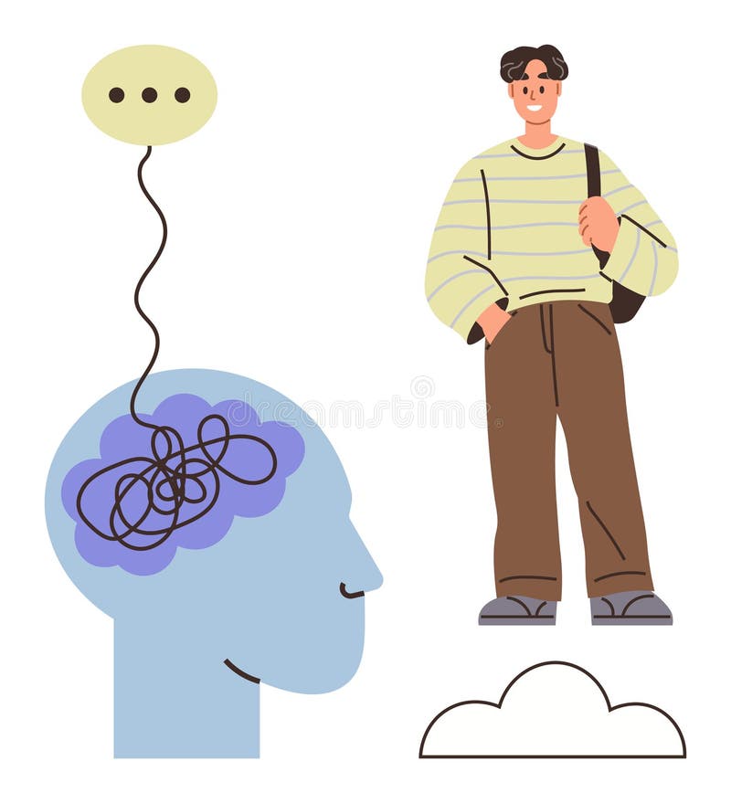 Young man with bag standing by head illustration symbolizing mental processing and thoughts royalty free illustration
