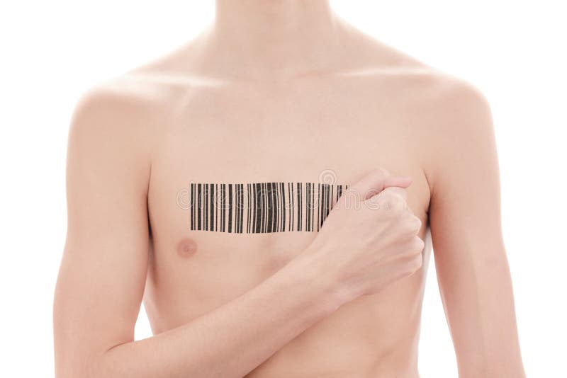 Young man with a bar code of genetic researches. Clone of DNA and human genome. Artificial intelligence.