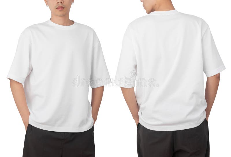 Young man in blank oversize t-shirt mockup front and back used as design template, isolated on white background with clipping path