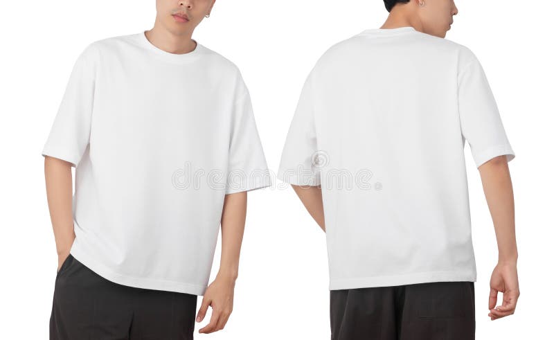 Young man in blank oversize t-shirt mockup front and back used as design template, isolated on white background