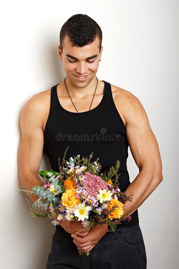 Young man with bouquet of flowers tive, adult, caucasian, person, hand, hold