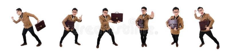 Young man with brown briefcase isolated on white stock image