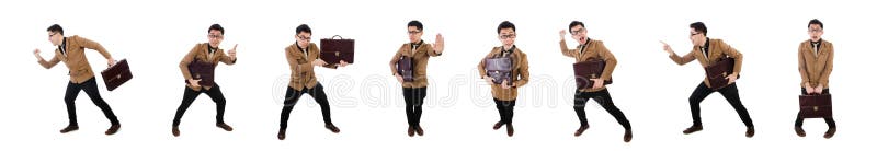 Young man with brown briefcase isolated on white royalty free stock image