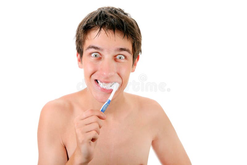 Young Man Brushing His Teeth Stock Photo Image of isolated, joyful