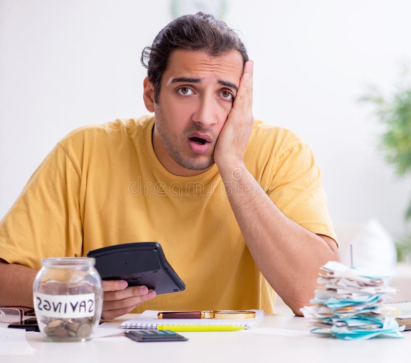 Young man in budget planning concept stock image