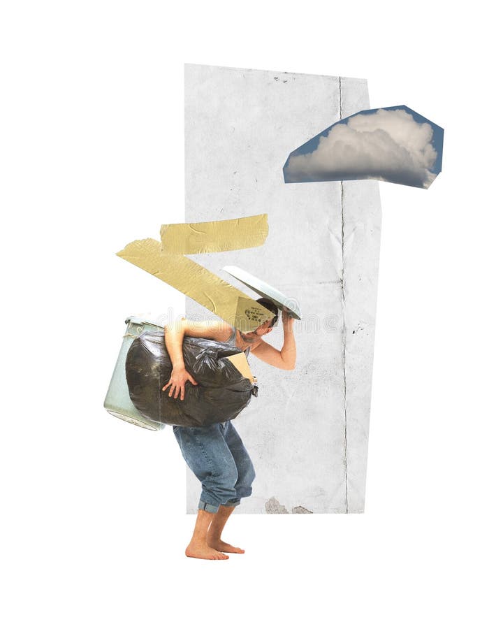 Young man carrying garbage. Industrial pollution, eco friendly people, environmental pollution. Contemporary art collage. Concept of ecology, environment, problem, awareness