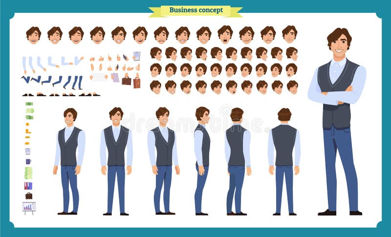 Young man in casual clothes. Character creation set. Full length, different views, emotions