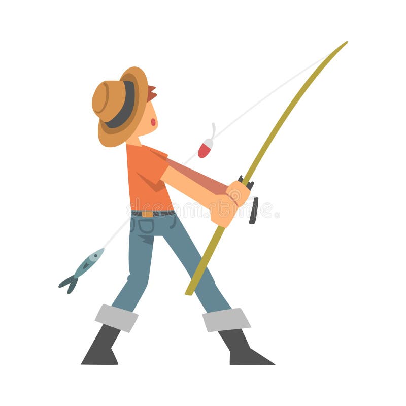 Young Man Character in Fisherman Boots with Angling Rod Fishing Vector ...
