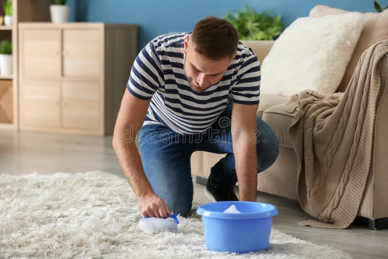 Man cleaning carpet stock photo. Image of home, dust 105740800