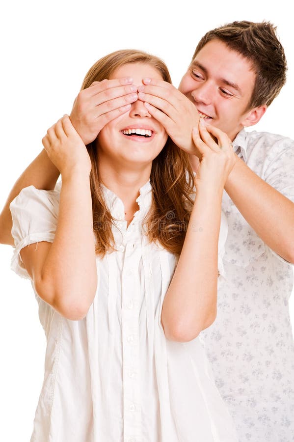 Young man close eyes his girlfriend