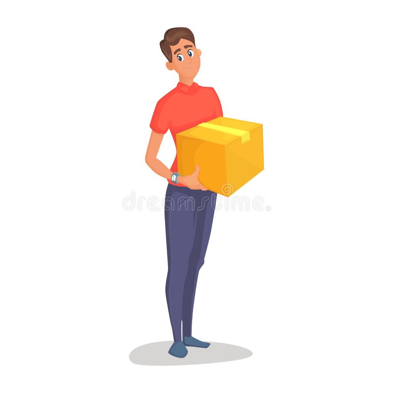 Young man courier delivery services of holding a large box and the plate with a shuttle sheet isolated on white stock illustration Young man courier delivery services of holding a large box and the plate with a shuttle sheet isolated on white stock illustration