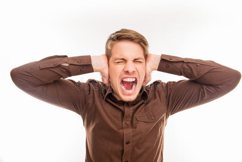Young Man Covering His Ears and Shouting Stock Photo Image of close, eyes 169983468