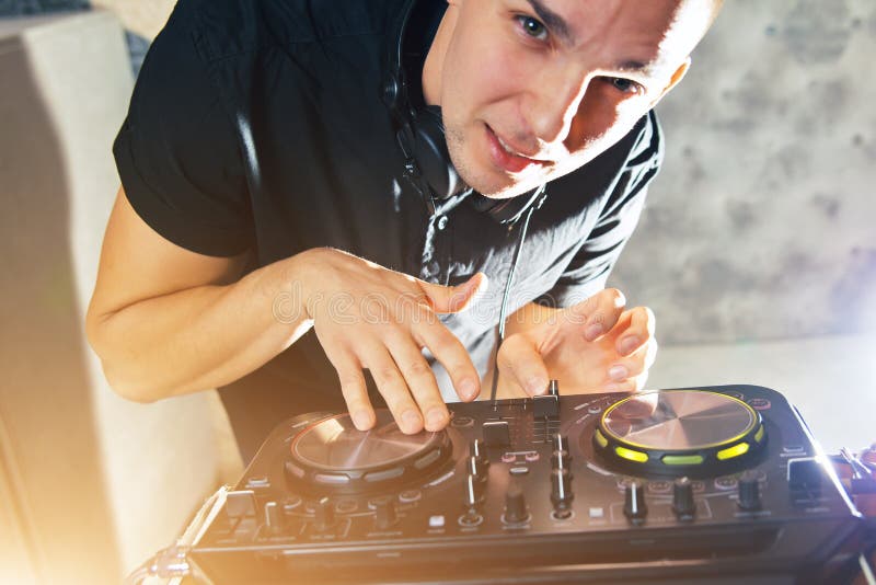 Young Man DJ with Mixer is Working Stock Photo Image of board, mixer