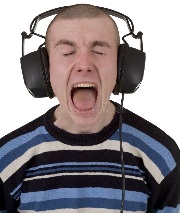 Young Man in Earphones Loudly Sings Stock Photo Image of enjoyment