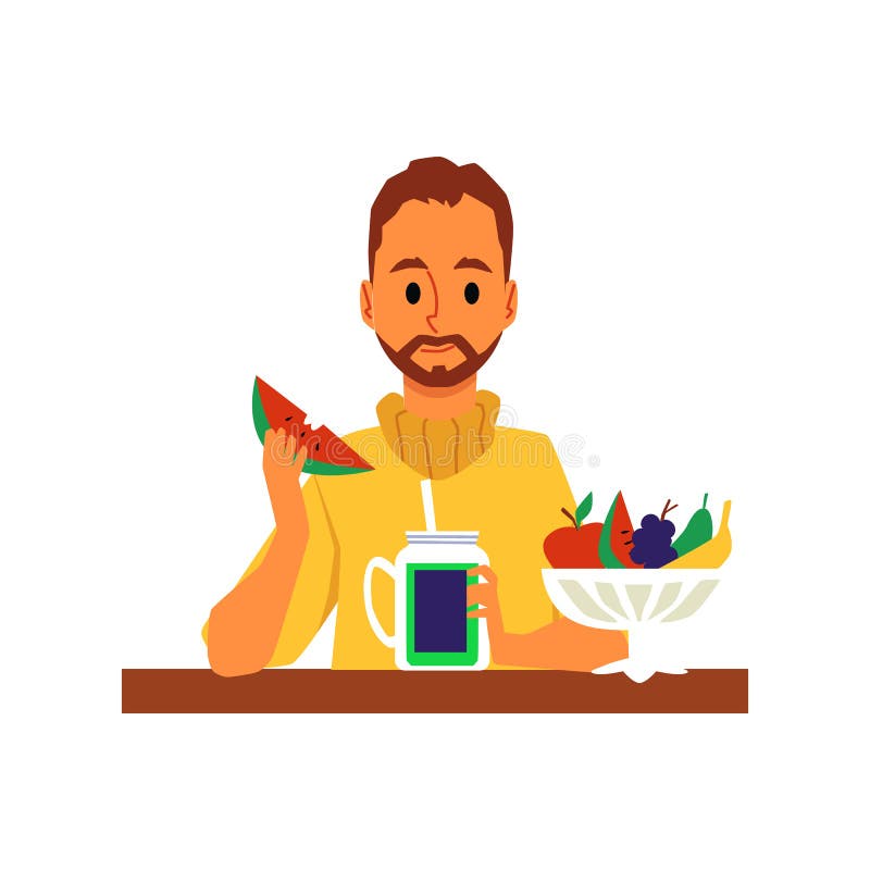 Young Man Eating Fruits and Vegetables, Flat Vector Illustration Isolated. Stock Vector - Illustration of face, funny: 184032795 Young Man Eating Fruits and Vegetables, Flat Vector Illustration Isolated. Stock Vector - Illustration of face, funny: 184032795